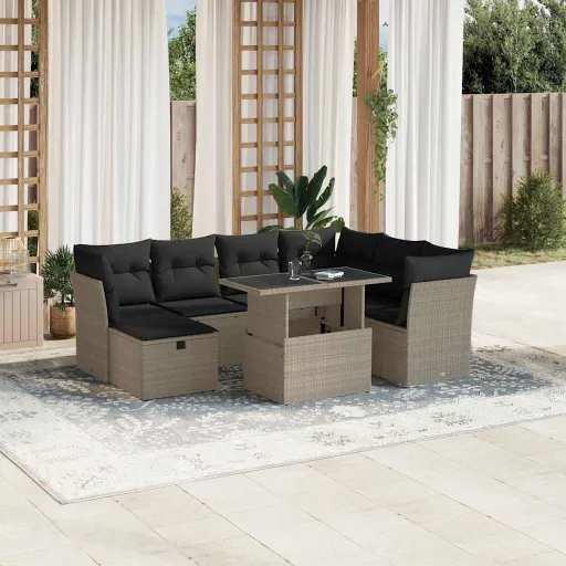 Conj. Sofás Jardim c/ Almofadões Vime PE Cinzento-Claro (8 pcs)