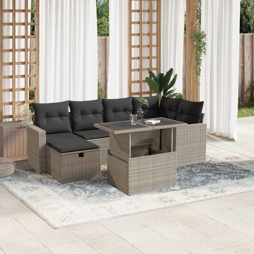 Conj. Sofás Jardim com Almofadões Vime PE Cinzento-Claro (7 pcs)