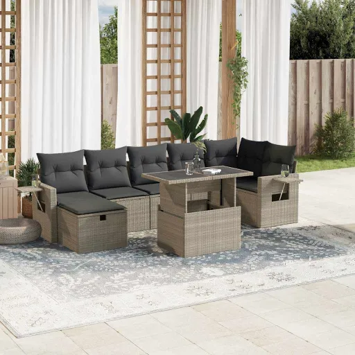 Conj. Sofás Jardim c/ Almofadões Vime PE Cinzento-Claro (8 pcs)