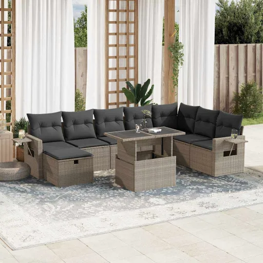 Conj. Sofás Jardim com Almofadões Vime PE Cinzento-Claro (9 pcs)