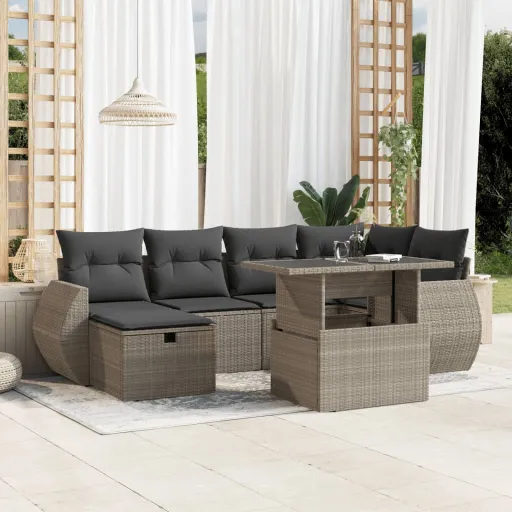 Conj. Sofás Jardim com Almofadões Vime PE Cinzento-Claro (7 pcs)