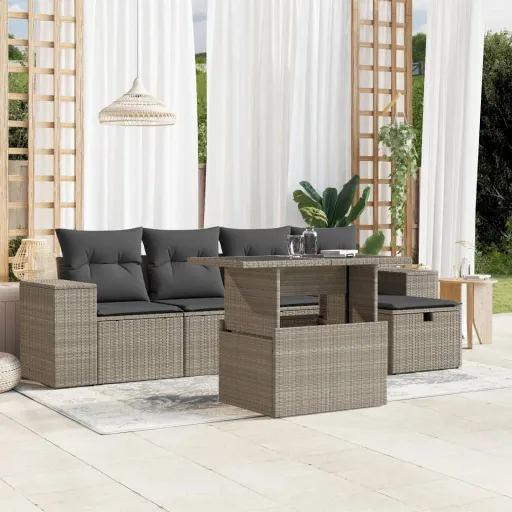 Conj. Sofás Jardim com Almofadões Vime PE Cinzento-Claro (6 pcs)