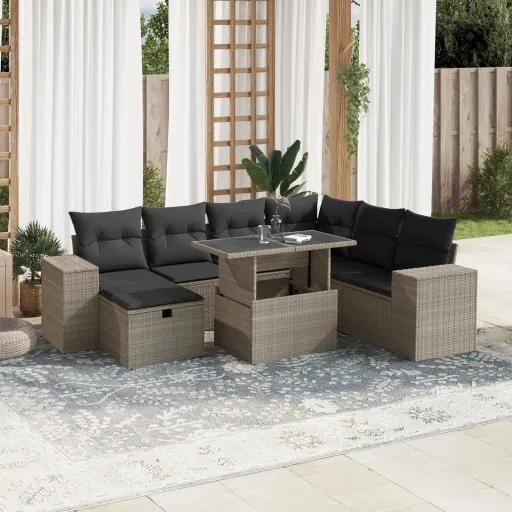 Conj. Sofás Jardim c/ Almofadões Vime PE Cinzento-Claro (8 pcs)