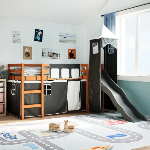 Cama Alta Criança c/ Torre 80x200 cm Pinho Maciço Branco/Preto