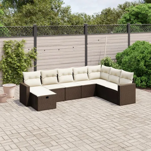 Conjunto Sofás de Jardim c/ Almofadões Vime PE Castanho (8 pcs)