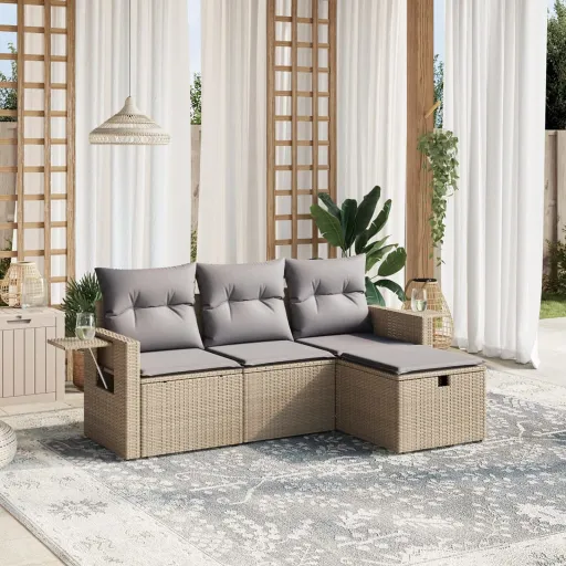 Conj. Sofás Jardim c/ Almofadões Vime PE Bege Misturado (4 pcs)
