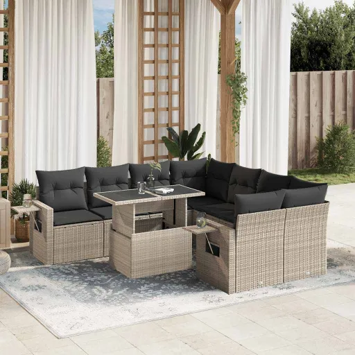 Conj. Sofás Jardim com Almofadões Vime PE Cinzento-Claro (9 pcs)