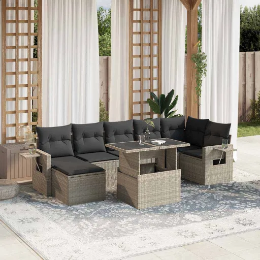 Conj. Sofás Jardim c/ Almofadões Vime PE Cinzento-Claro (8 pcs)