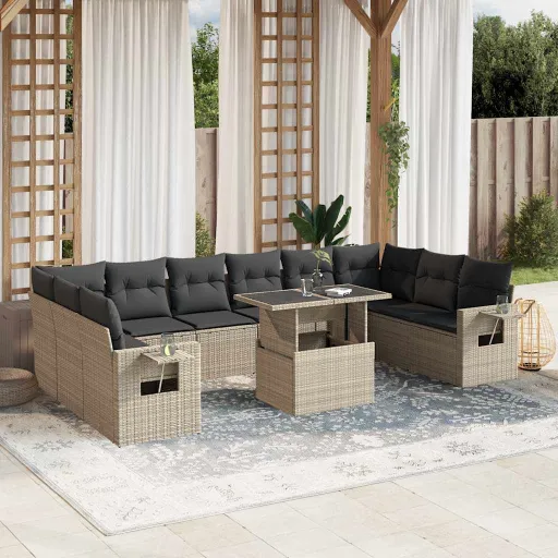 Conjunto Sofás de Jardim c/ Almofadões Vime PE Cinzento (11 pcs)