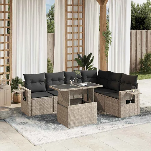 Conj. Sofás Jardim com Almofadões Vime PE Cinzento-Claro (7 pcs)
