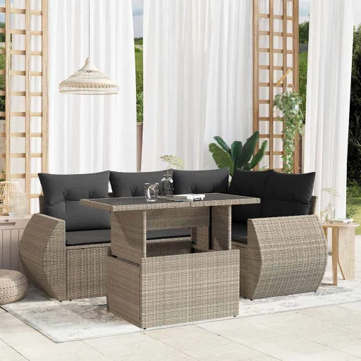 Conj. Sofás Jardim c/ Almofadões Vime PE Cinzento-Claro (5 pcs)