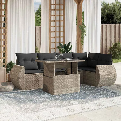 Conj. Sofás Jardim com Almofadões Vime PE Cinzento-Claro (7 pcs)