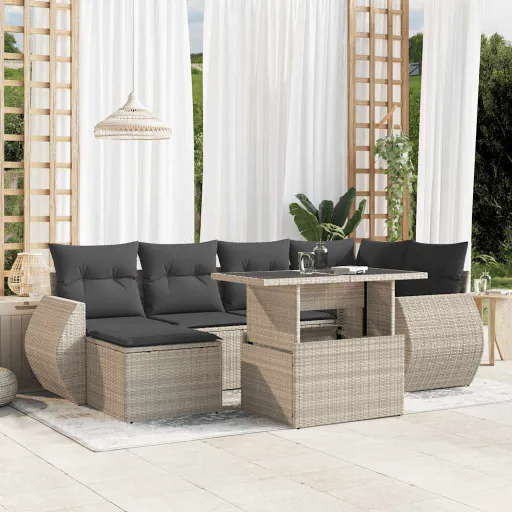 Conj. Sofás Jardim com Almofadões Vime PE Cinzento-Claro (7 pcs)