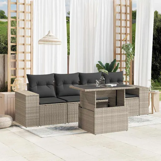Conj. Sofás Jardim c/ Almofadões Vime PE Cinzento-Claro (5 pcs)