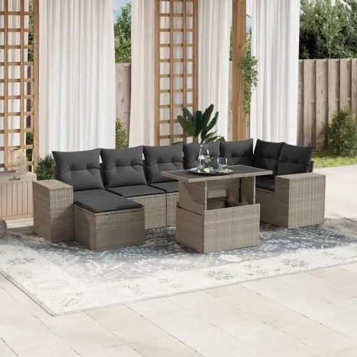 Conj. Sofás Jardim c/ Almofadões Vime PE Cinzento-Claro (8 pcs)
