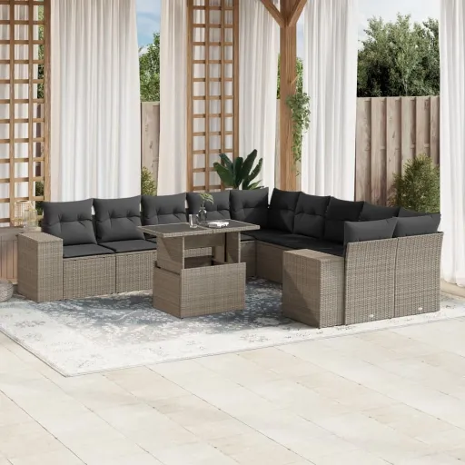 Conjunto Sofás de Jardim c/ Almofadões Vime PE Cinzento (11 pcs)