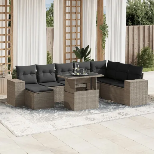 Conj. Sofás Jardim com Almofadões Vime PE Cinzento-Claro (9 pcs)