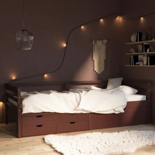 Cama com Gavetas e Móvel 90x200 cm Pinho Maciço Castanho-Escuro