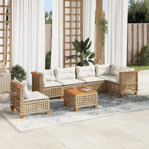 Conjunto de Sofás p/ Jardim com Almofadões Vime PE Bege (7 pcs)