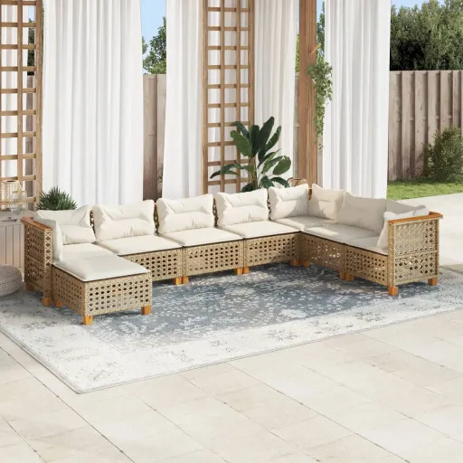 Conjunto de Sofás p/ Jardim com Almofadões Vime PE Bege (8 pcs)