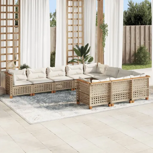 Conjunto de Sofás p/ Jardim com Almofadões Vime PE Bege (10 pcs)