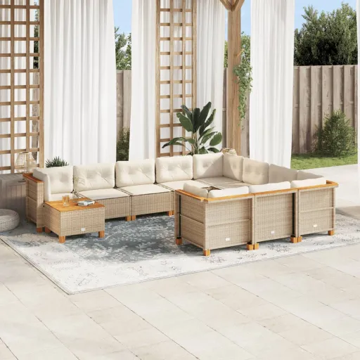 Conjunto Sofás de Jardim c/ Almofadões Vime PE Bege (11 pcs)