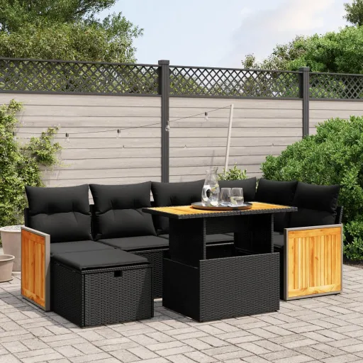 Conjunto de Sofás p/ Jardim c/ Almofadões Vime PE Preto (7 pcs)