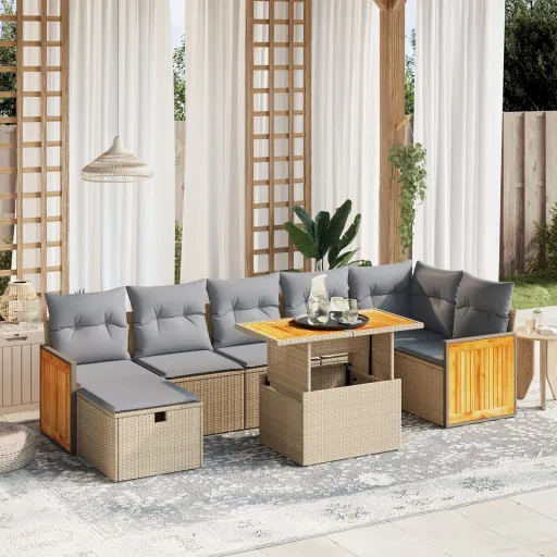 Conjunto de Sofás p/ Jardim com Almofadões Vime PE Bege (8 pcs)