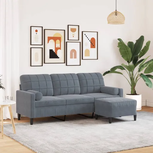 Sofá de 3 Lugares com Apoio de Pés 180 cm Veludo Cinza-Escuro