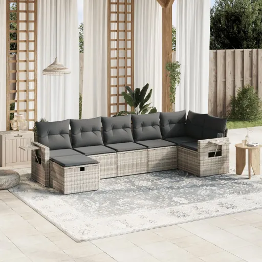 Conj. Sofás Jardim com Almofadões Vime PE Cinzento-Claro (7 pcs)