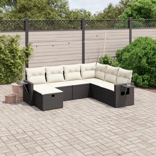 Conjunto de Sofás p/ Jardim c/ Almofadões Vime PE Preto (7 pcs)