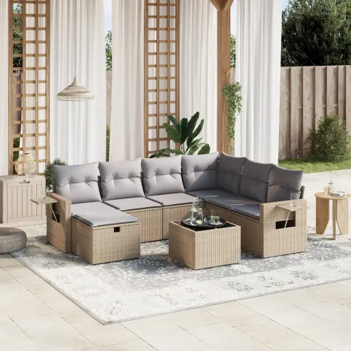 Conj. Sofás Jardim c/ Almofadões Vime PE Bege Misturado (8 pcs)