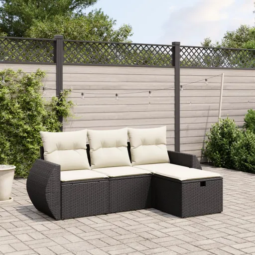 Conjunto de Sofás para Jardim c/ Almofadões Vime PE Preto (4 pcs)