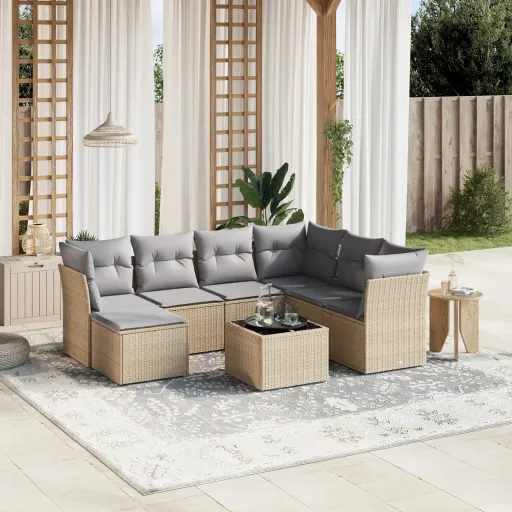 Conj. Sofás Jardim c/ Almofadões Vime PE Bege Misturado (8 pcs)