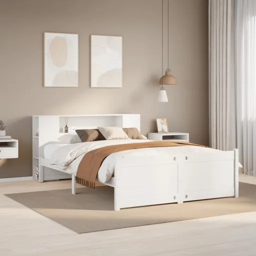 Cama com Estante Sem Colchão 135x190 cm Pinho Maciço Branco