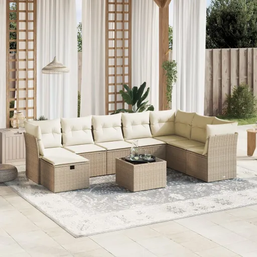 Conjunto de Sofás p/ Jardim com Almofadões Vime PE Bege (9 pcs)