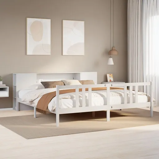 Cama com Estante Sem Colchão 200x200 cm Pinho Maciço Branco