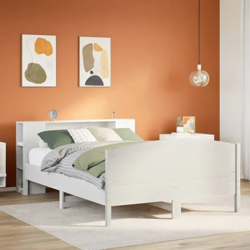 Cama com Estante Sem Colchão 160x200 cm Pinho Maciço Branco