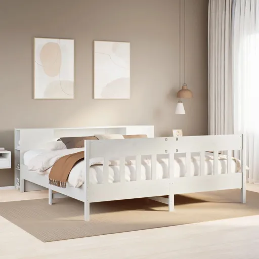 Cama com Estante Sem Colchão 200x200 cm Pinho Maciço Branco