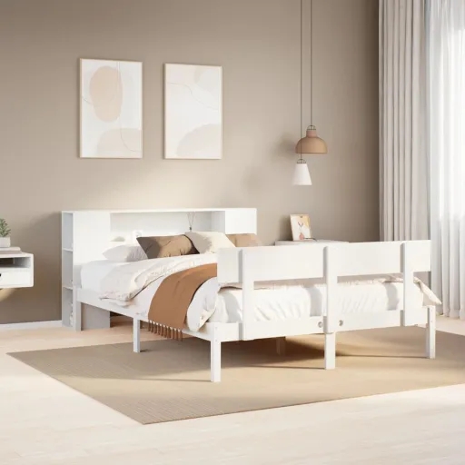 Cama com Estante Sem Colchão 140x200 cm Pinho Maciço Branco
