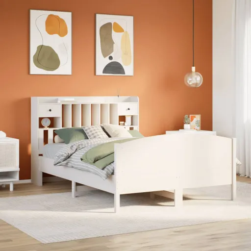 Cama com Estante Sem Colchão 160x200 cm Pinho Maciço Branco