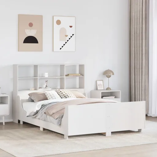 Cama com Estante Sem Colchão 160x200 cm Madeira Maciça Branco