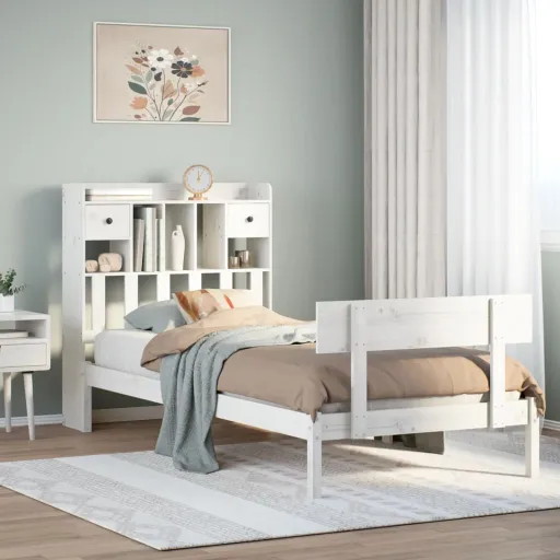 Cama com Estante Sem Colchão 75x190 cm Pinho Maciço Branco