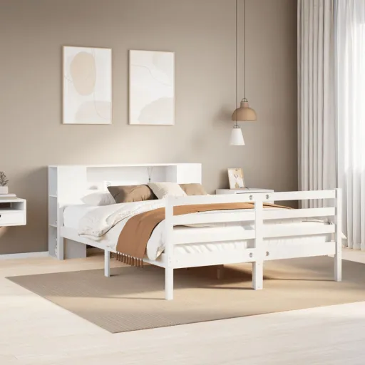 Cama com Estante Sem Colchão 140x200 cm Pinho Maciço Branco