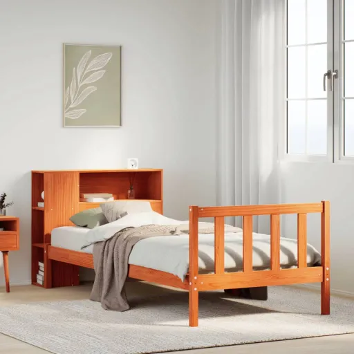 Cama c/ Estante Sem Colchão 100x200cm Pinho Maciço Castanho-Mel