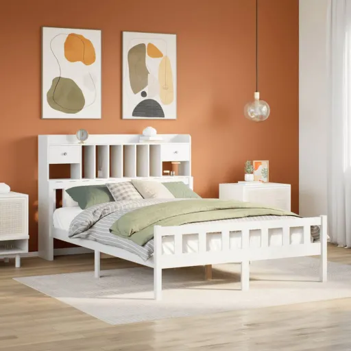 Cama com Estante Sem Colchão 150x200 cm Pinho Maciço Branco