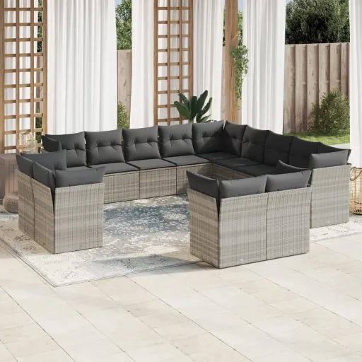 Conj. Sofás Jardim c/ Almofadões Vime PE Cinzento-Claro  (13 pcs)