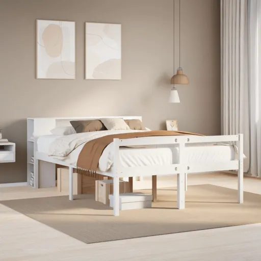 Cama com Estante Sem Colchão 160x200 cm Pinho Maciço Branco