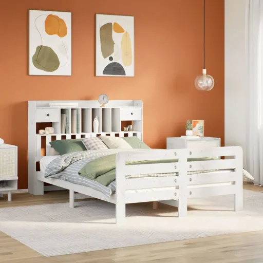 Cama com Estante Sem Colchão 140x190 cm Pinho Maciço Branco