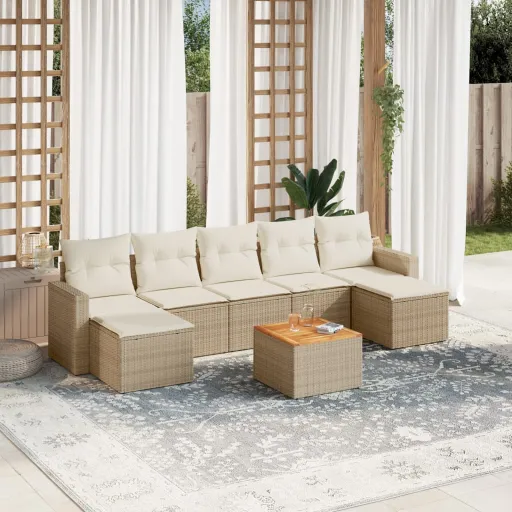 Conjunto de Sofás p/ Jardim com Almofadões Vime PE Bege (8 pcs)